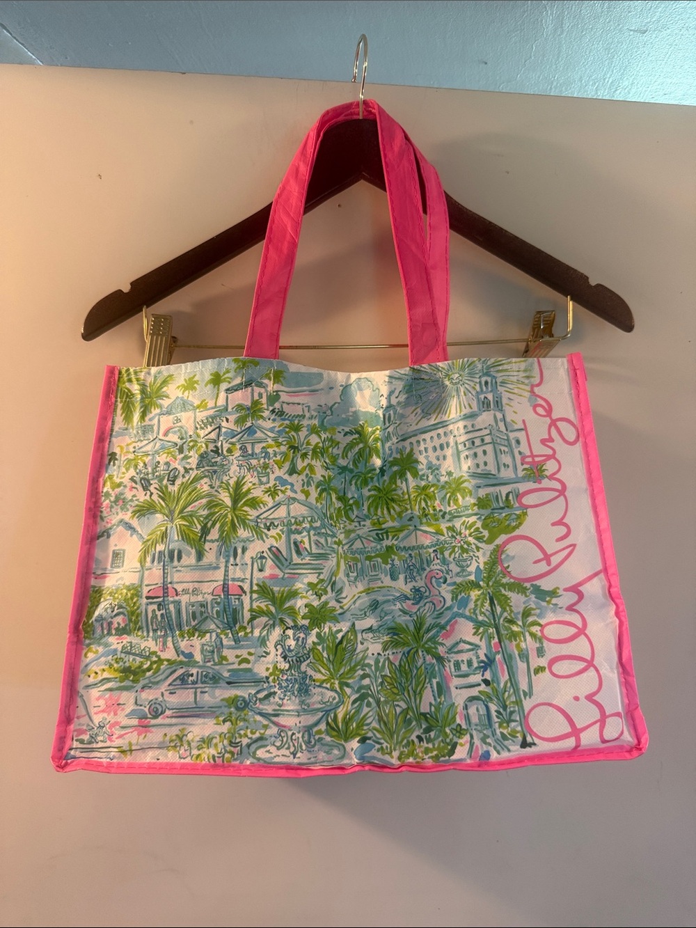 Lilly Pulitzer Green & Blue Coastal Print Reusable Tote with Pink Trim